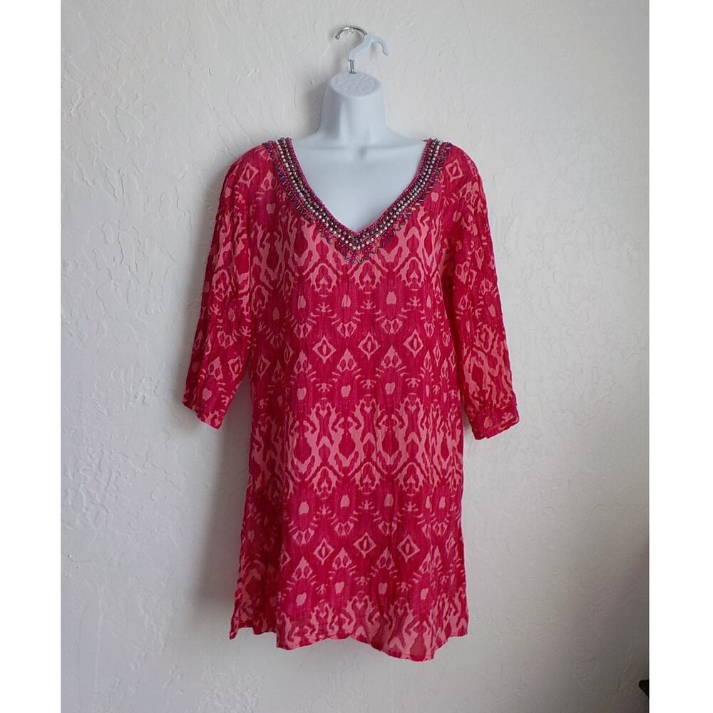 NF Pink Tunic Top Pullover Women size Small Beaded VNeck Coastal Beach Summer